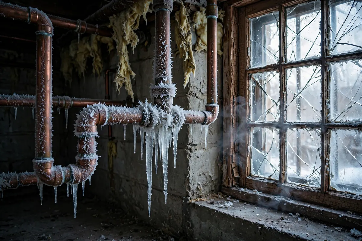 Frost on exposed copper water pipes in a Naugatuck basement during winter